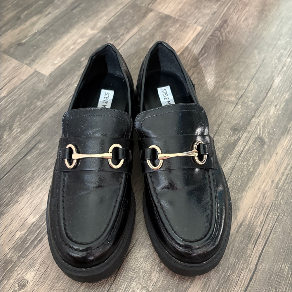 Steve Madden Black Leather Loafers with Gold Accent